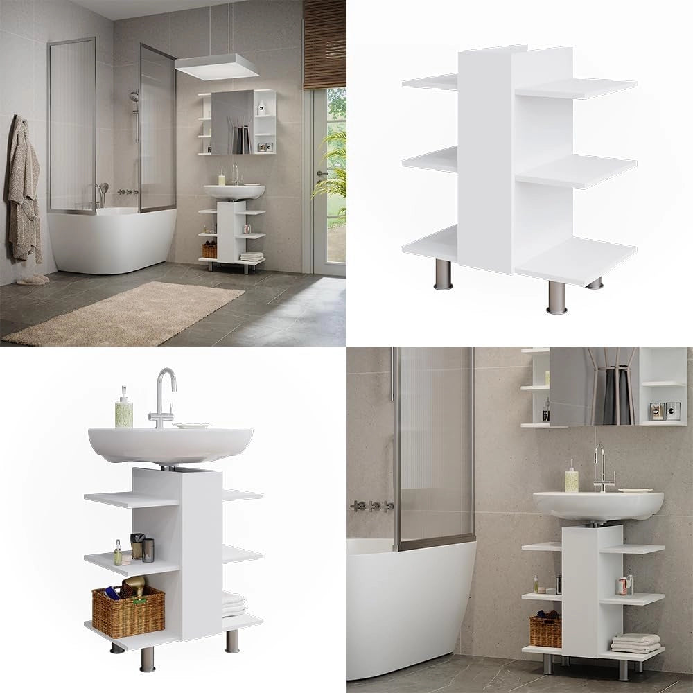 Mobiletto per lavabo Fynn, Bianco, 60 x 70 cm con 6 ripiani, da parete per la conservazione di accessori da bagno