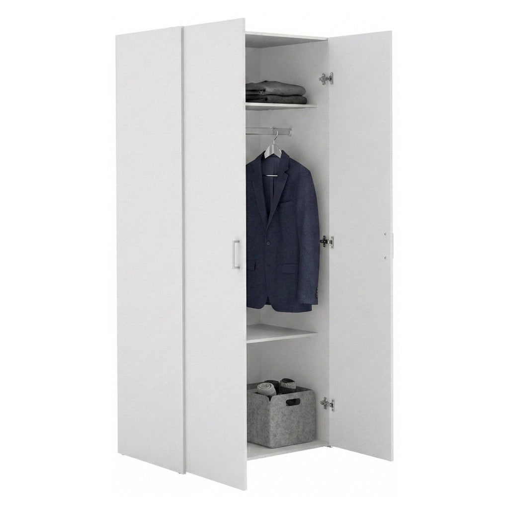 Armadio guardaroba a due ante battenti con due ripiani interni e barra Alibabba, colore bianco, Misure 77 x 175 x 49 cm