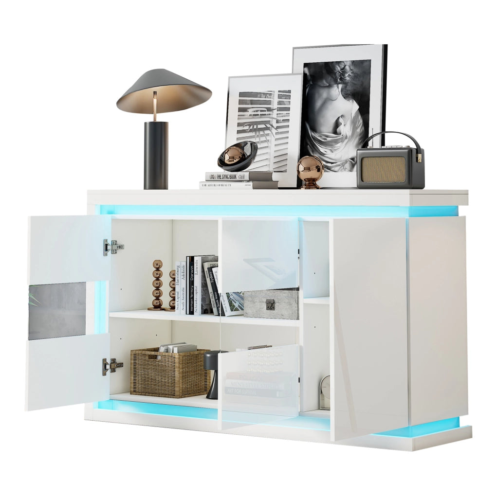 Madia 140x40x84 cm con luci LED telecomandate e 3 ante in truciolato e vetro bianca