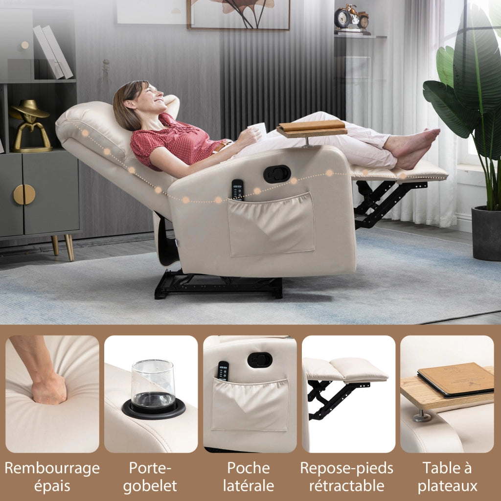 Poltrona relax massaggiante reclinabile ¨C Zephmum ¨C Tessuto microfibra beige con braccioli e vassoio