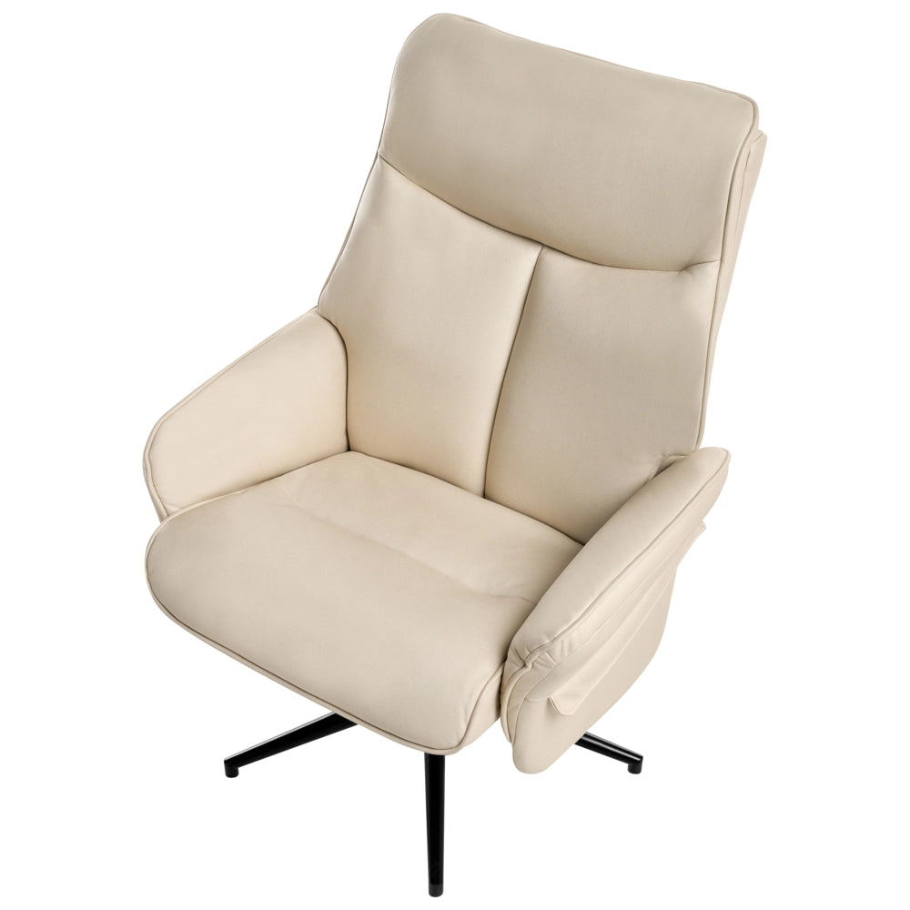 Poltrona reclinabile beige chiaro con poggiapiedi in ecopelle vegana, girevole e imbottita, con struttura in metallo dal design retrò.