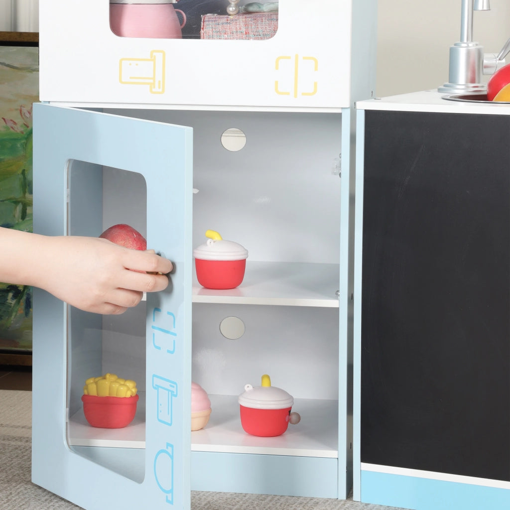 Cucina giocattolo per bambini con scaffali frigorifero lavagna cancellabile banco laterale e rubinetto in MDF blu