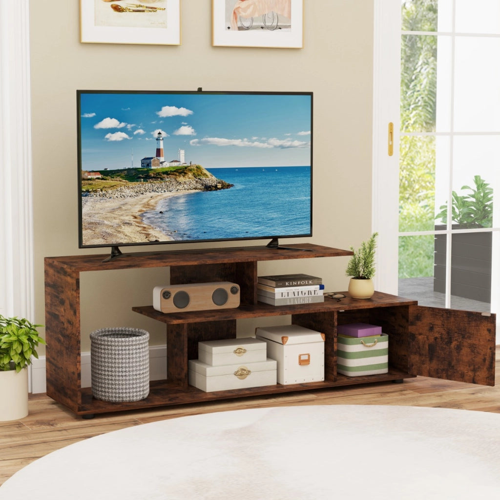 Supporto per TV con ripiani di stoccaggio e armadietto, Console media a 3 ripiani asimmetrici per soggiorno Marrone