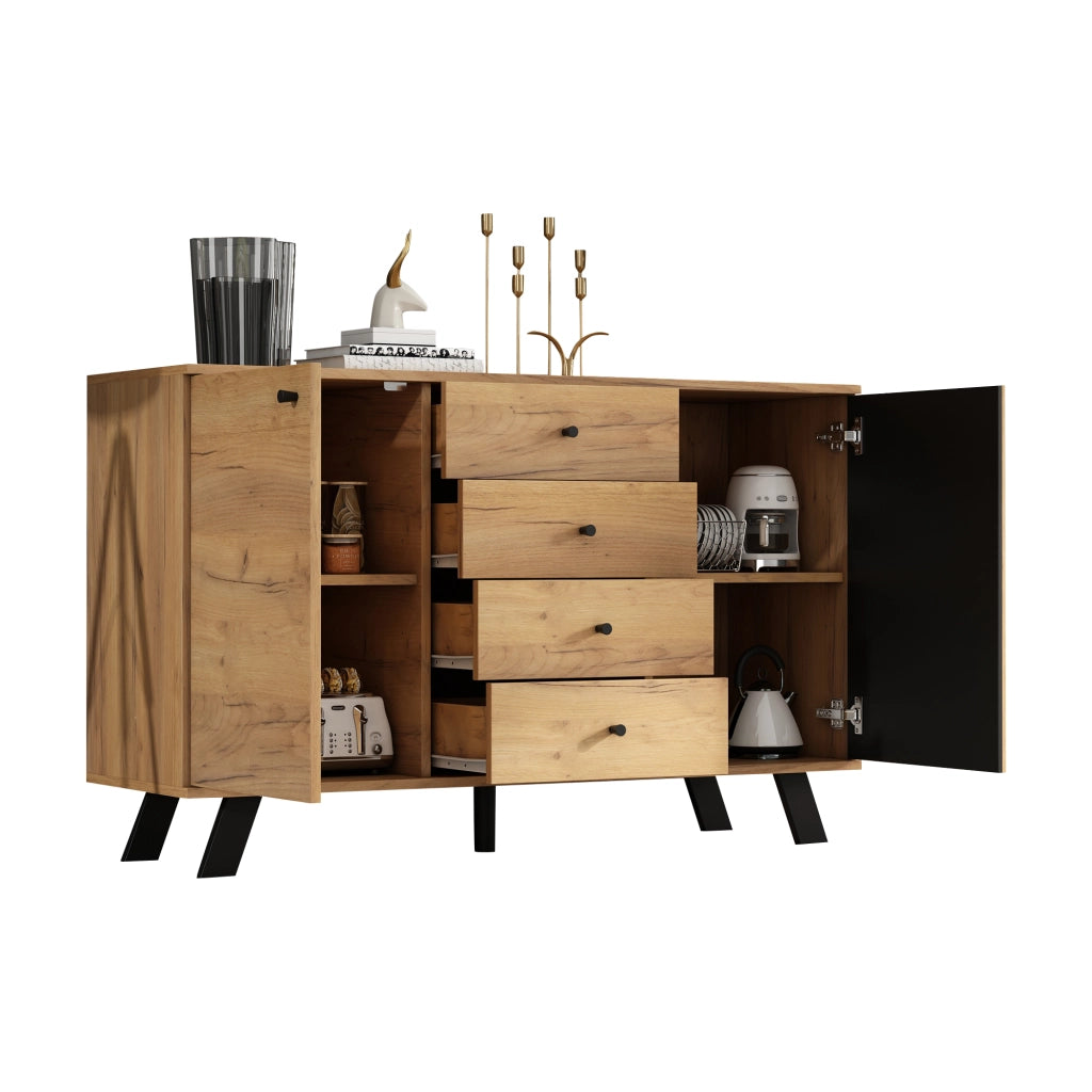 Credenza con 2 vani e 4 cassetti - per soggiorno - in MDF - 120×38×75 cm - nero e legno
