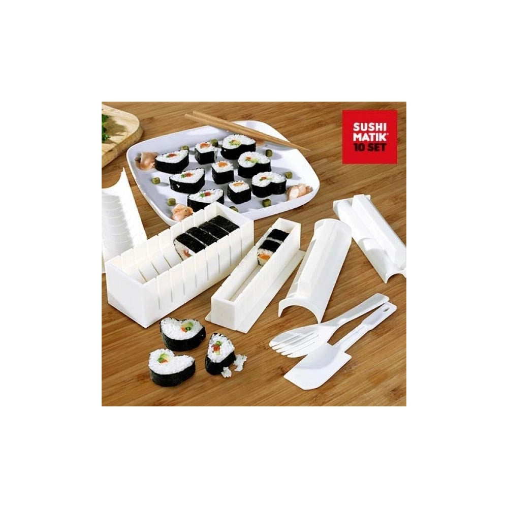 Trade Shop - Set 10 Pz Sushi Kit Prepara Taglia Porta Involtini Maki Stampi Forme Cucina -