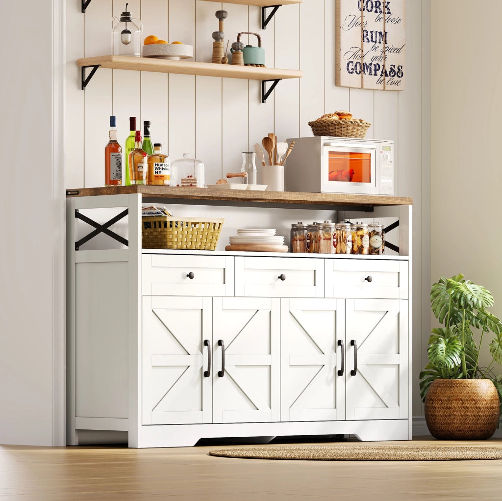 Credenza buffet 140 cm bianco e marrone con 3 cassetti e 2 armadietti