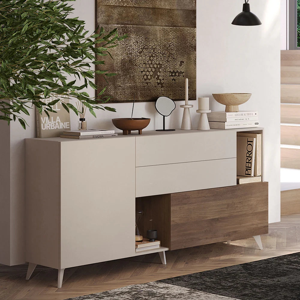 Madia 1 anta, 2 cassetti e 2 vani Linea MONACO L 181 x H 94 x P 42, realizzata in legno 100% MADE IN ITALY, design moderno per cucina, sala da pranzo, soggiorno colore Cashmere/Mercure