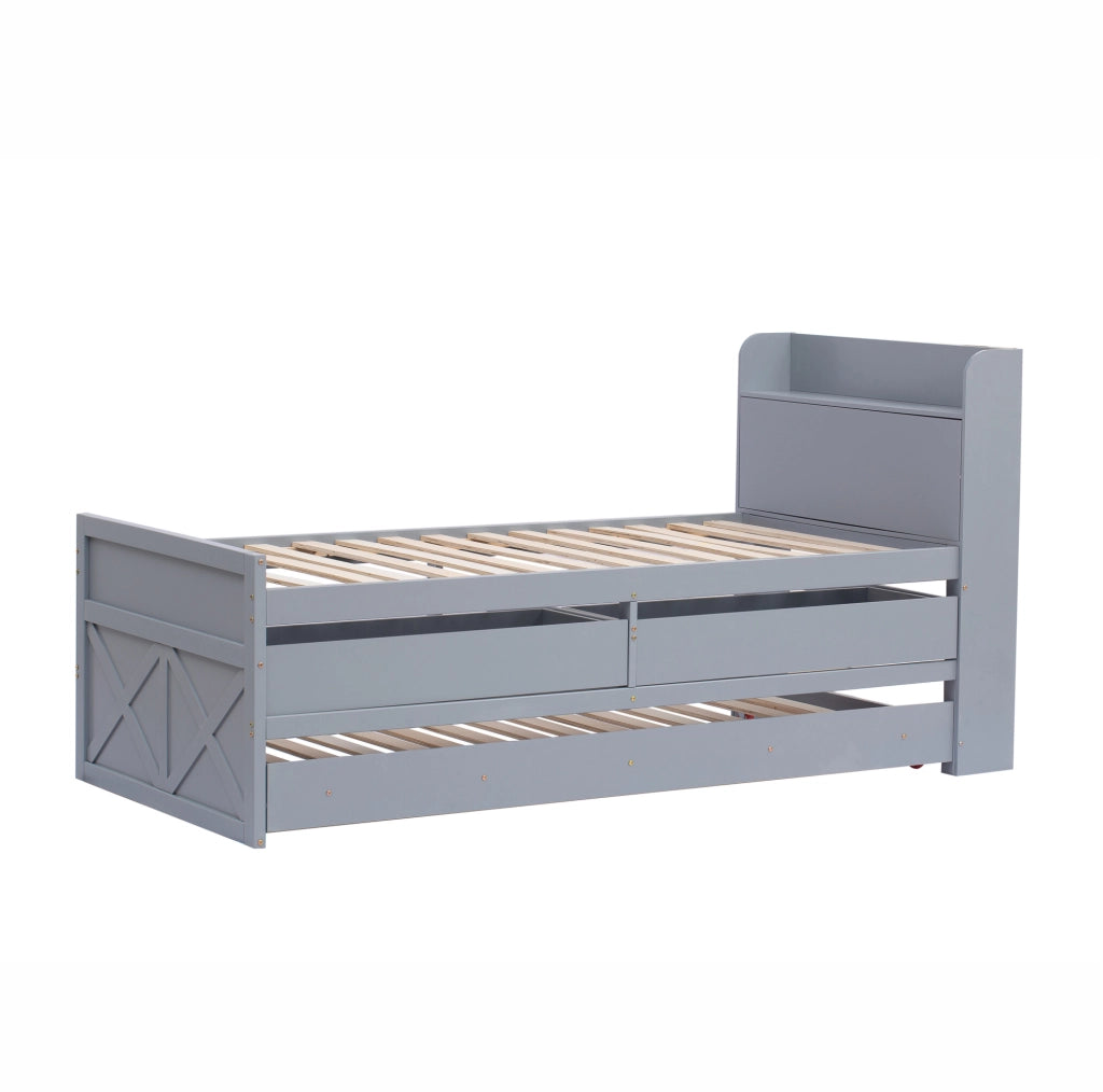 Letto 90x190 cm con cassetti; letto estraibile e USB in legno grigio