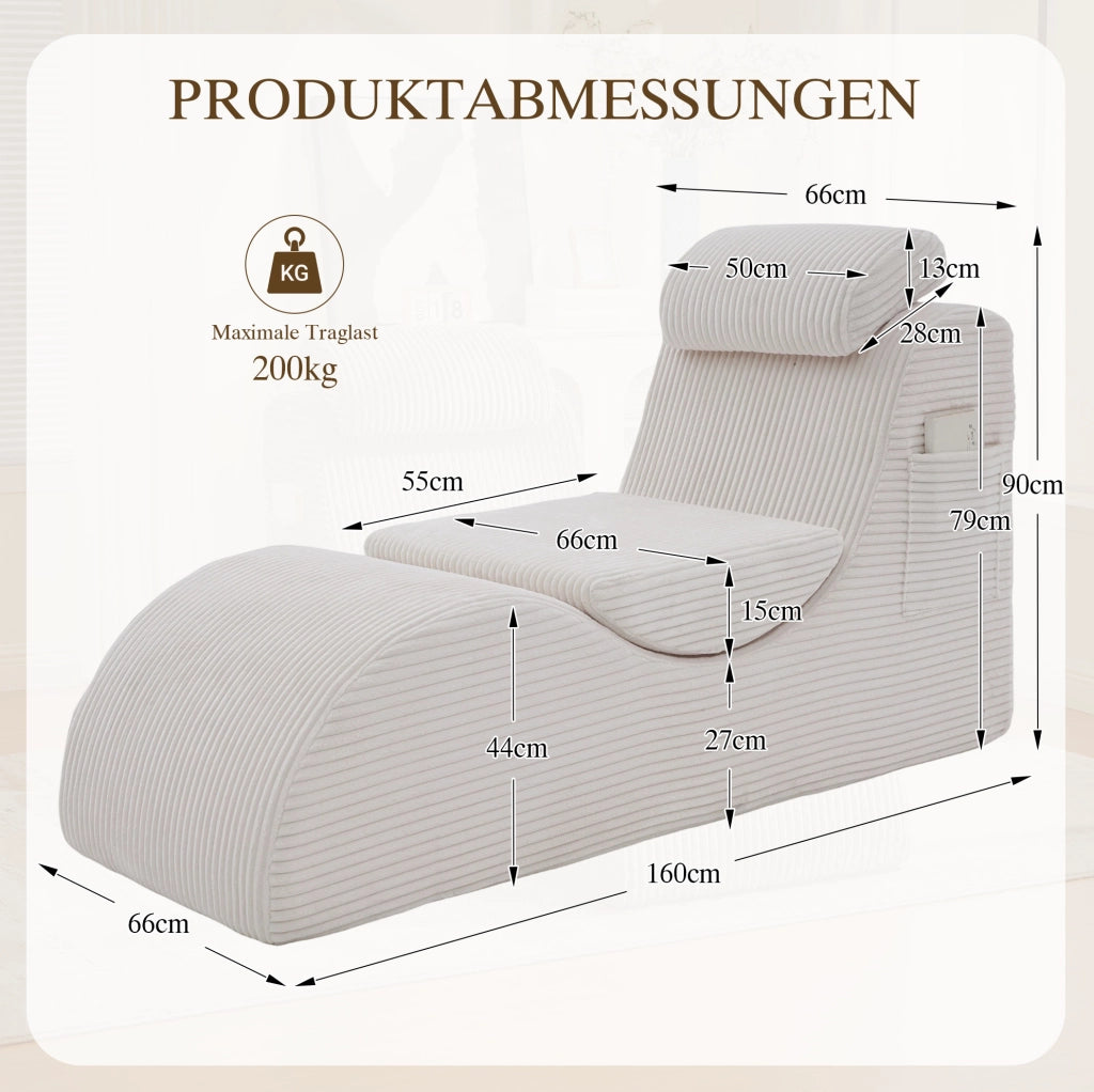 Poltrona singola moderna in velluto a coste beige 160x66x90 cm con cuscino removibile