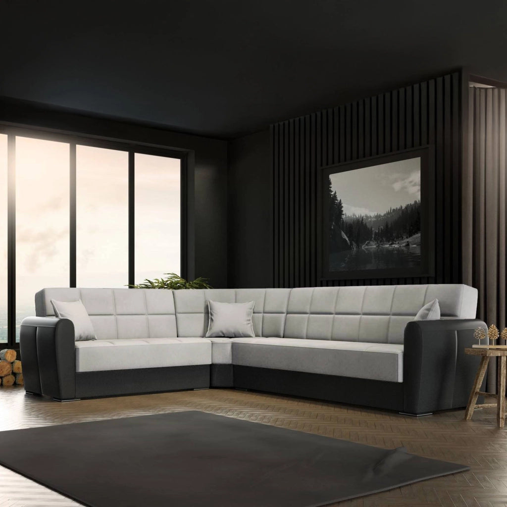 Divano letto Gaillardia, Divano letto contenitore ad angolo in ecopelle e tessuto, SofÒ  da soggiorno con apertura click-clack e penisola reversibile, 305x238h91 cm, Nero e Grigio Chiaro
