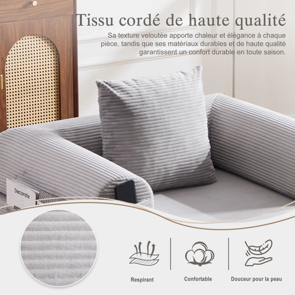 Divano modulare con cuscino e tasca laterale, design ergonomico per soggiorno, in velluto a coste grigio chiaro