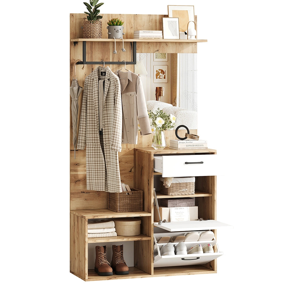 Vestiaire con specchio e panchina - Xylo - 100x38,5x190 cm - Bianco e legno naturale - Compatto, con cassetto e 2 armadi, ampio spazio
