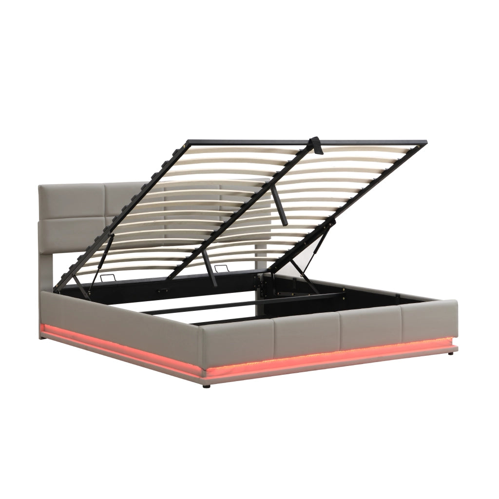 Letto Contenitore Matrimoniale 180x200 cm; LED e Testiera Regolabile in PU Grigio