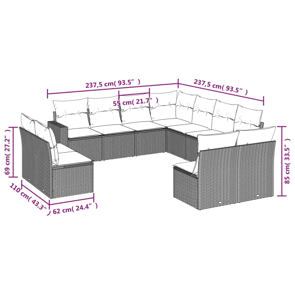 Set Divani da Giardino 11 pz con Cuscini in Polyrattan Grigio 3251467