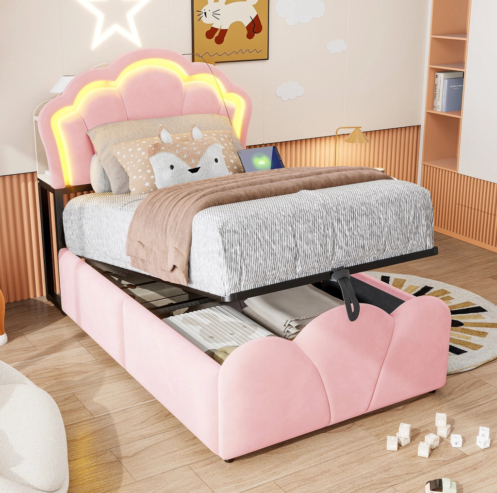 Letto singolo imbottito ULEVR 90x200 cm con contenitore idraulico, LED, prese e vani testata, velluto rosa