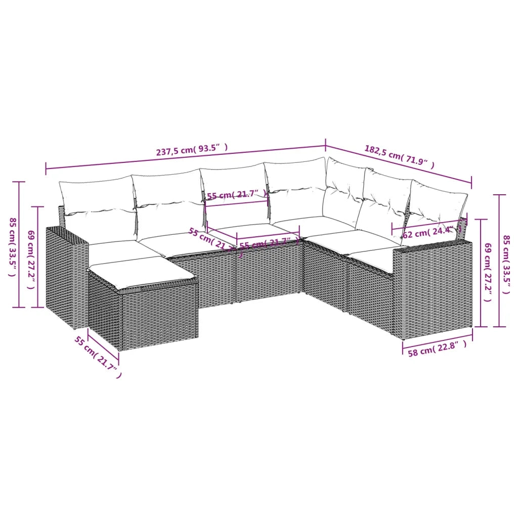 Set Divani da Giardino 7 pz con Cuscini Grigio in Polyrattan 3219290