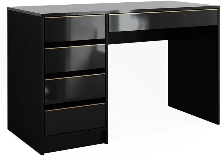 Scrivania Sherry, Nero lucido, 55 x 120 cm con cassetti, adatto come postazione di lavoro per home office o studio