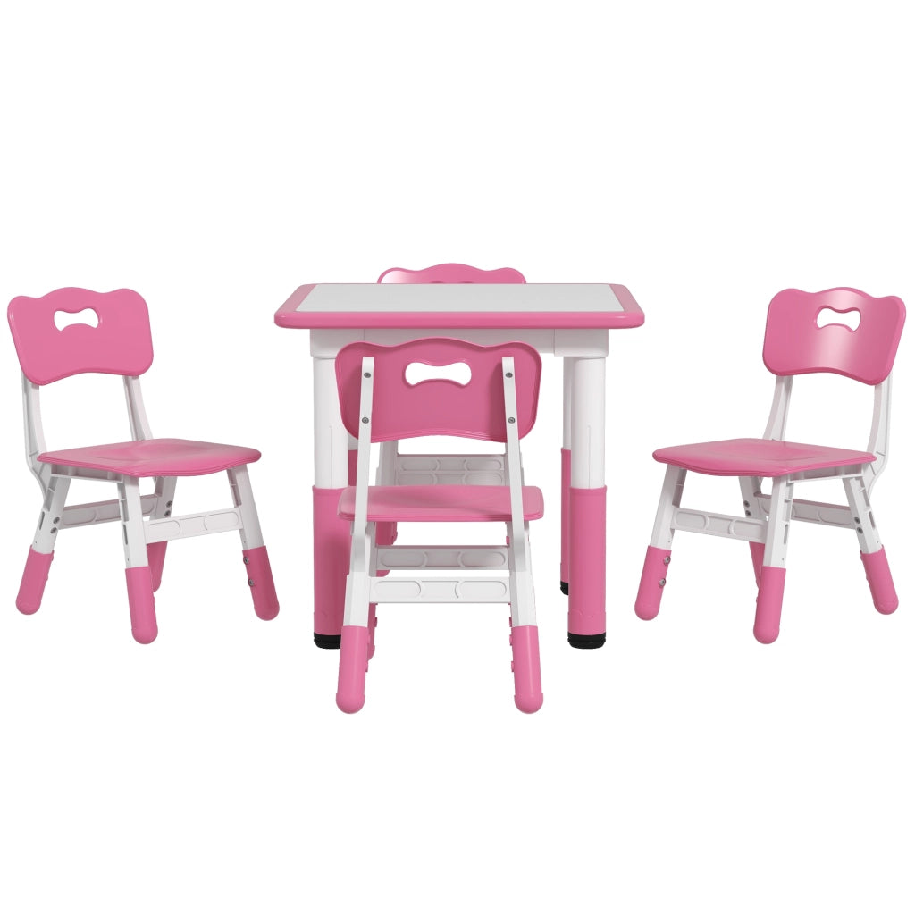 Set Tavolo e Sedie per Bambini 5pz con 4 Sedie Regolabili 32x36x52.5-56 cm e Tavolo 60x60x46-58 cm, Rosa