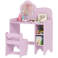 Toeletta per bambini con sgabello, specchio a forma di fiore e ripiani aperti, 3-8 anni, Viola