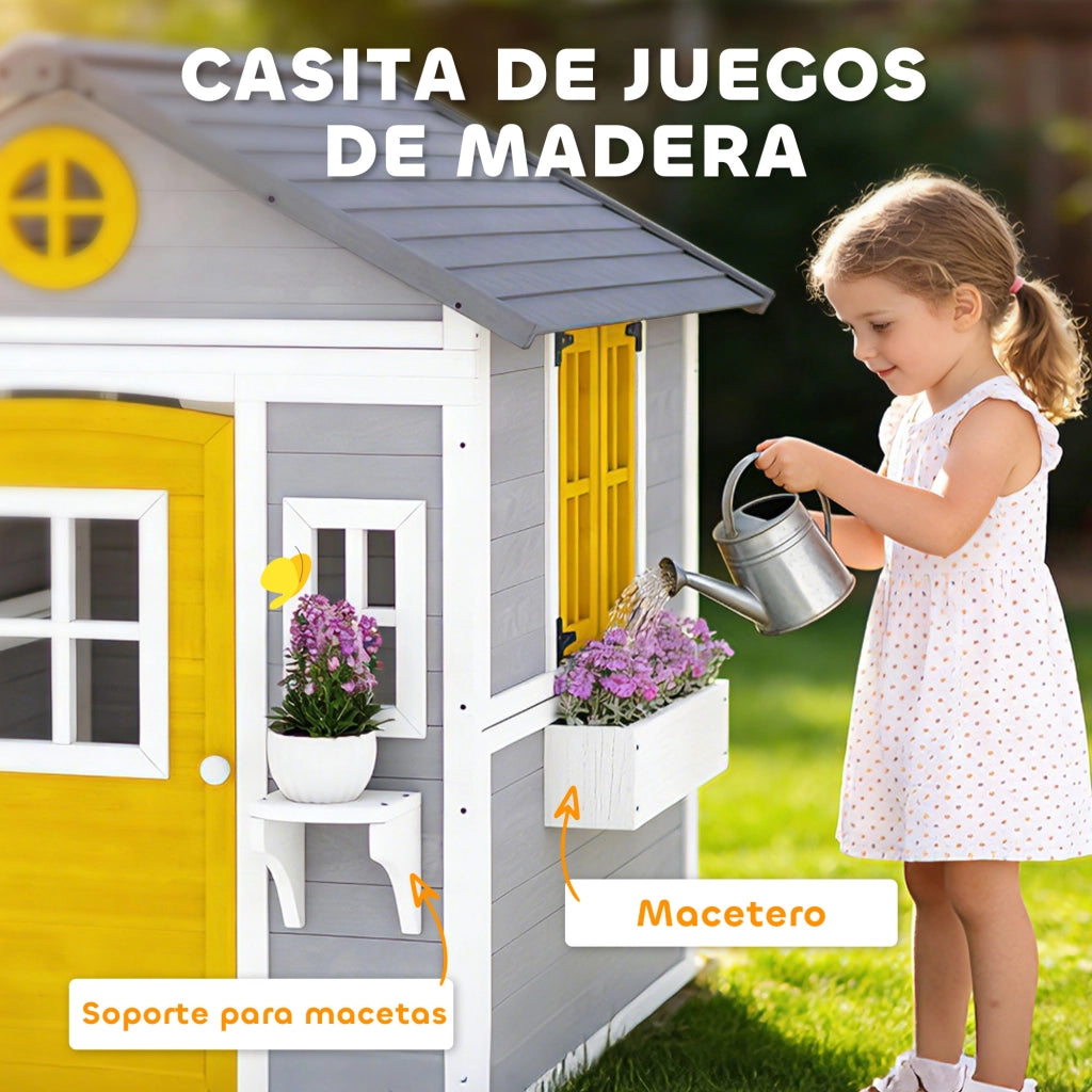 Casetta per Bambini in Legno con Finestra e Fioriere ¨C zephmum ¨C Grigio 120x120x120