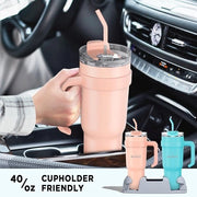 Tazza termica con manico e beccuccio, 1100 ml, magnetron, lavabile, tazza da caffè, doppio strato, acciaio inossidabile, vuoto, impermeabile, tazza da viaggio con coperchio, per bevande fredde e calde, rosa