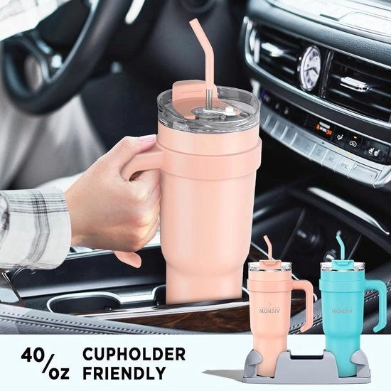 Tazza termica con manico e beccuccio, 1100 ml, magnetron, lavabile, tazza da caffè, doppio strato, acciaio inossidabile, vuoto, impermeabile, tazza da viaggio con coperchio, per bevande fredde e calde, rosa