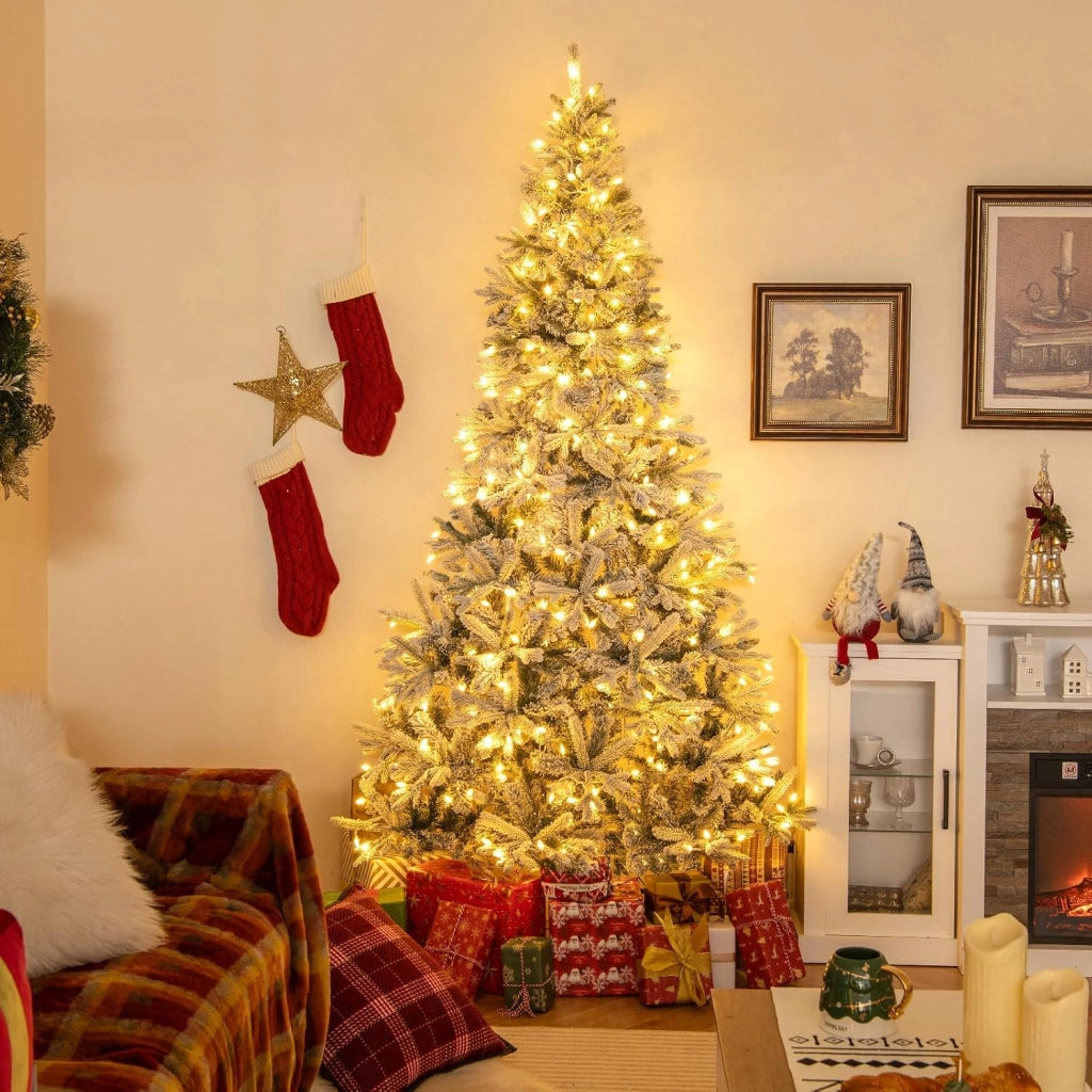Albero di Natale Artificiale Innevato Metà 180 cm Pre-illuminato | Albero di Natale con 180 Luci LED Bianche Calde e Multicolori, 9 Modalità, 652 Punte di Rami in PE & PVC e Telecomando