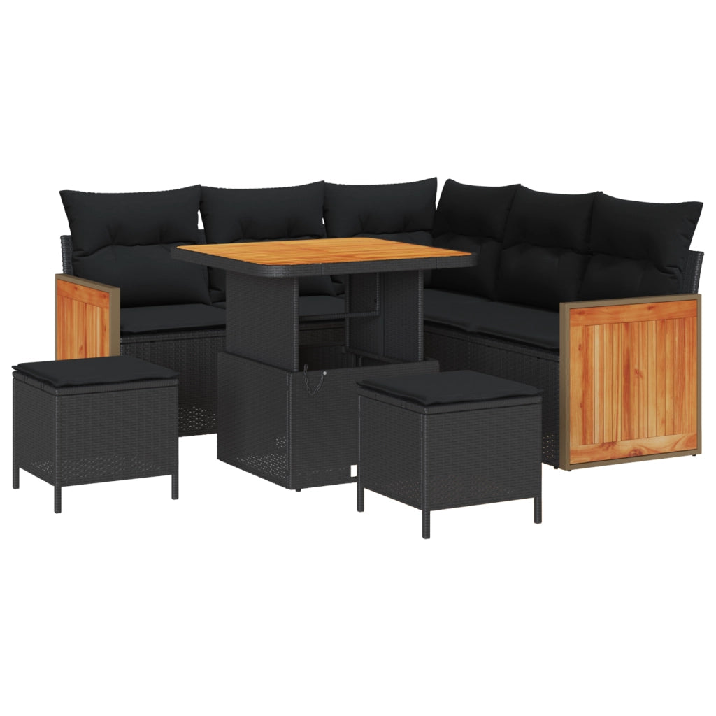 Set Divano da Giardino 8 Pezzi con Cuscini Nero Polyrattan Acacia