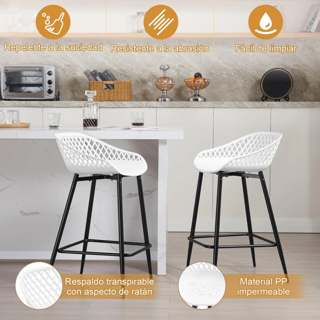 Sgabelli da Bar Set di 6, Sgabelli da Bar per Colazione, Sgabelli da Cucina con Poggiapiedi e Schienale, Sgabelli Alto con Seduta in Plastica, Bianco, BH417ws-6