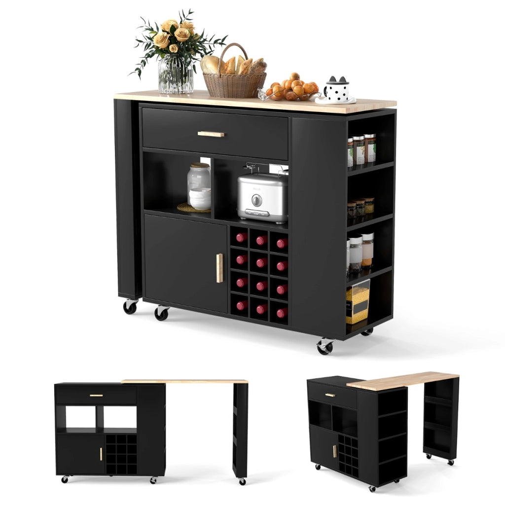 Carrello da cucina con piano in legno di gomma ripiano regolabile porta calici, Mobile 2 in 1 su ruote Nero-Carrelli