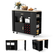 Carrello da cucina con piano in legno di gomma ripiano regolabile porta calici, Mobile 2 in 1 su ruote Nero-Carrelli