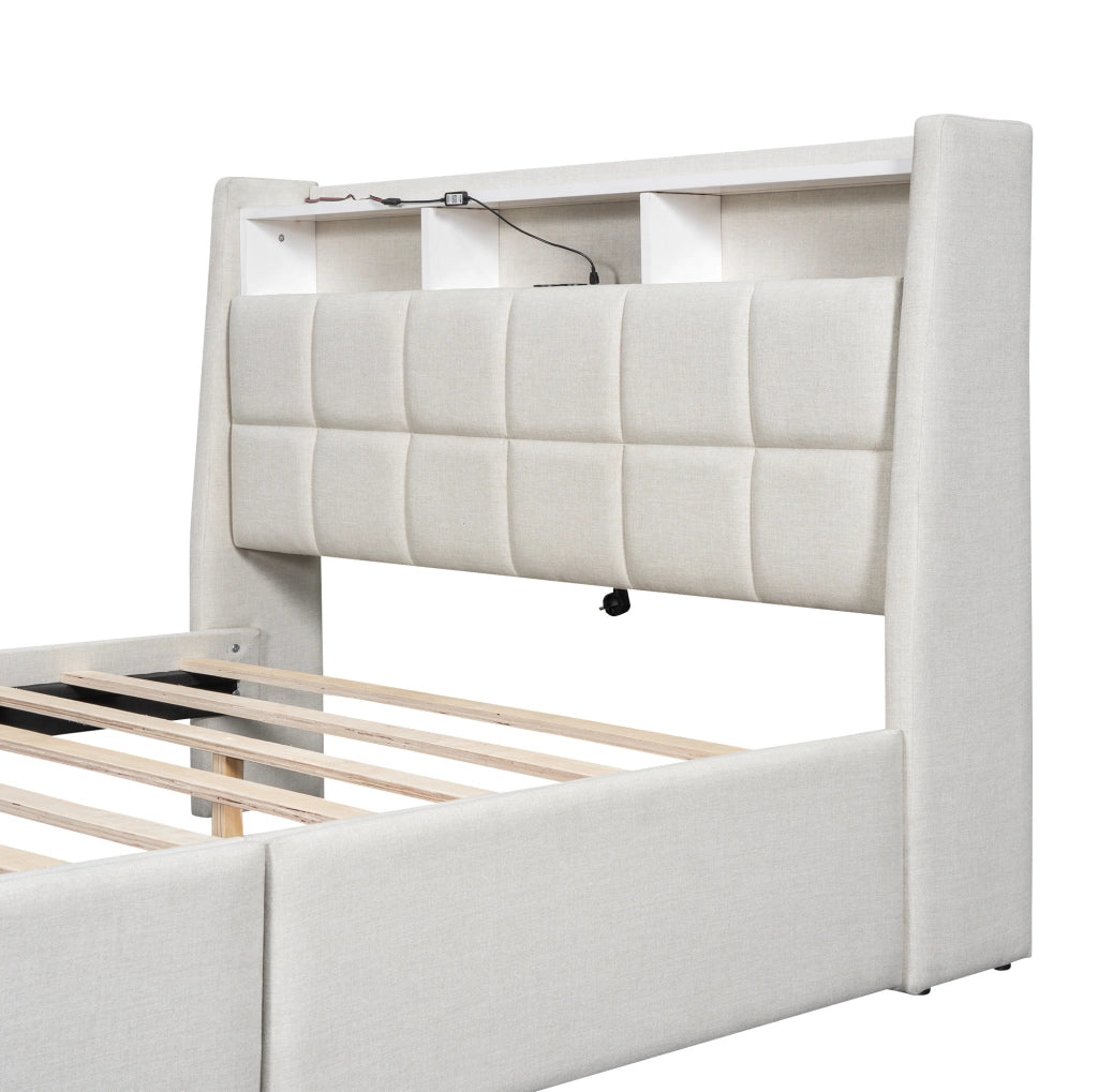 Letto contenitore 140x200 cm con LED; USB e 2 cassetti; lino e MDF beige