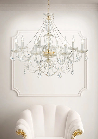 LAMPADARIO OPERA 8 LUCI TRASPARENTE E ORO ATTACCO E14 VETRO E CRISTALLO D.84CM