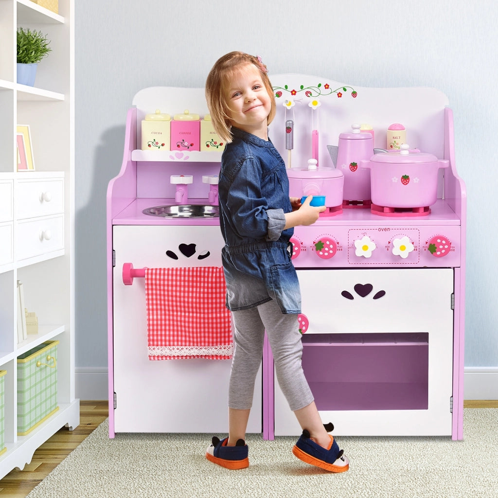 Giocattolo da cucina per bambini in legno a tema fragole con accessori 13 pezzi 60x30x62cm Rosa-Cucine giocattoli