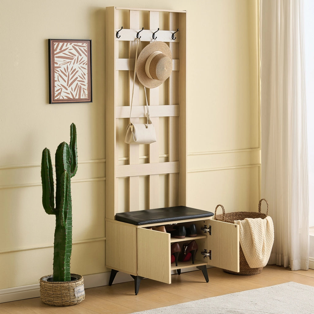 GARDEROBA con 4 ganci e panca 60x35x179,5 cm MDF effetto legno e acciaio nero