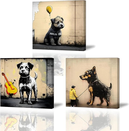 Decorazione per muro moderna - Immagine graffiti su tela - Arte per muro astratta - Set di 3 - 30x30 cm - Con cornice