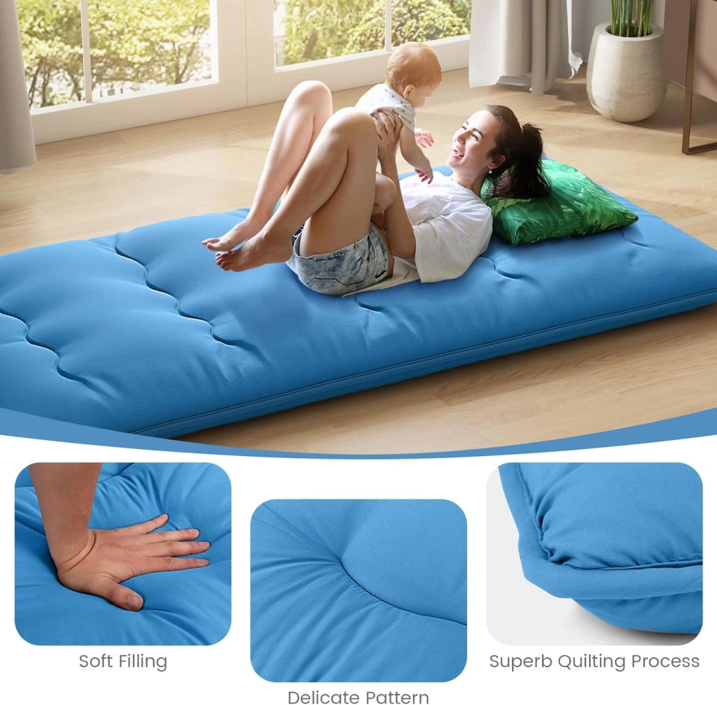 Materasso futon Pieghevole, Tatami Futon Giapponese Portatile con Borsa, Copertura Lavabile, 2 Bende Incluse, LettoFuton Spesso e Traspirante per Camera da Letto per Adulti (Blu,Twin XL)