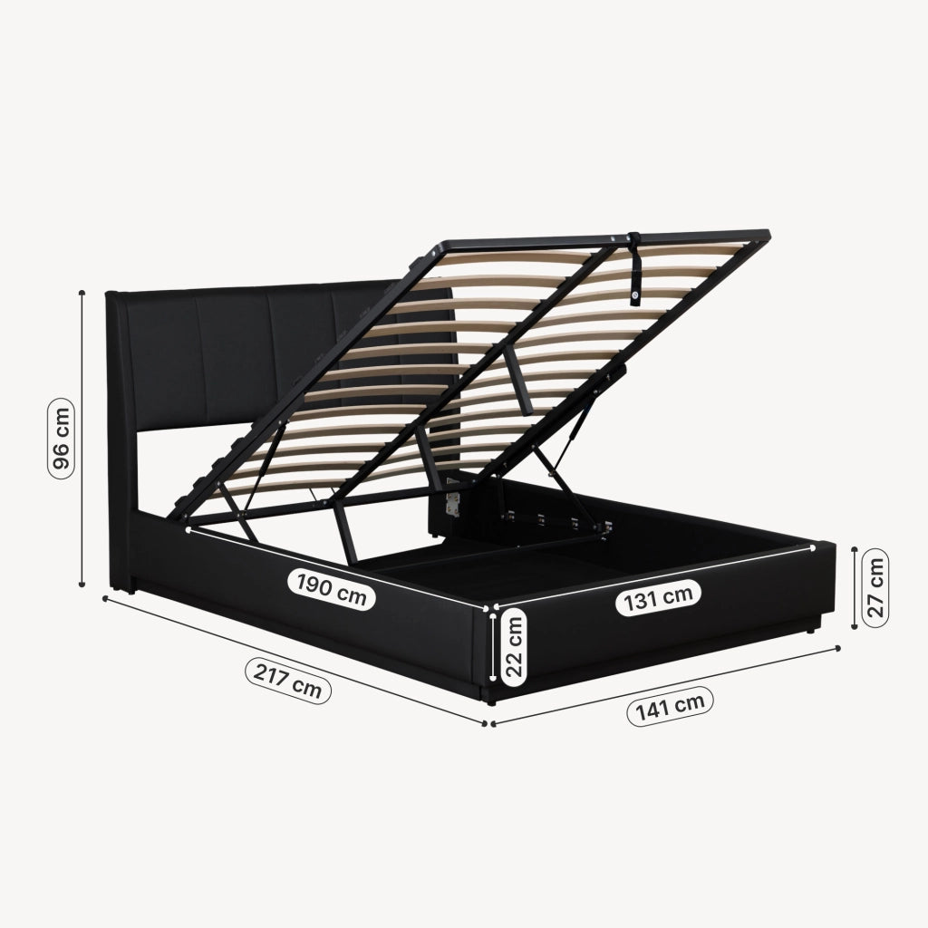 Letto Francese Contenitore Tröstiar con Apertura a Ribalta e Luce LED 140x200 cm - Similpelle Nero [en.casa]