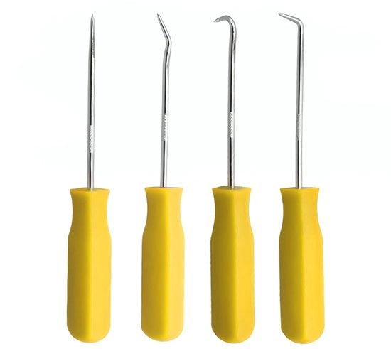 Set 4-in-1 per rimozione anelli O, guanti per manutenzione, pinze e uncini per la rimozione di oli e afdichting (giallo)