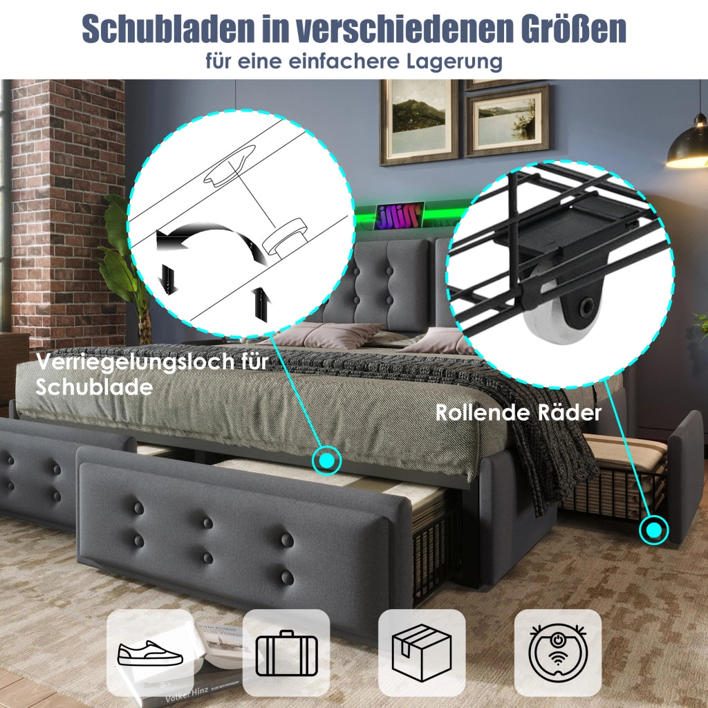 DESMIU Letto contenitore 140 × 200 cm 2 posti con LED, USB Type-C, 4 cassetti e materasso incluso, grigio