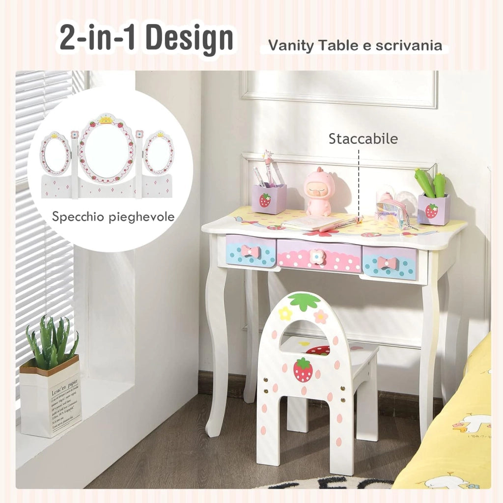 Toeletta Trucco 2 in 1 per Bambina, Specchiera Staccabile con Sedia, 3 Cassetti e 2 Portapenne, Postazione Trucco per Cameretta in Legno, 70 x 34 x 105cm (Bianco)