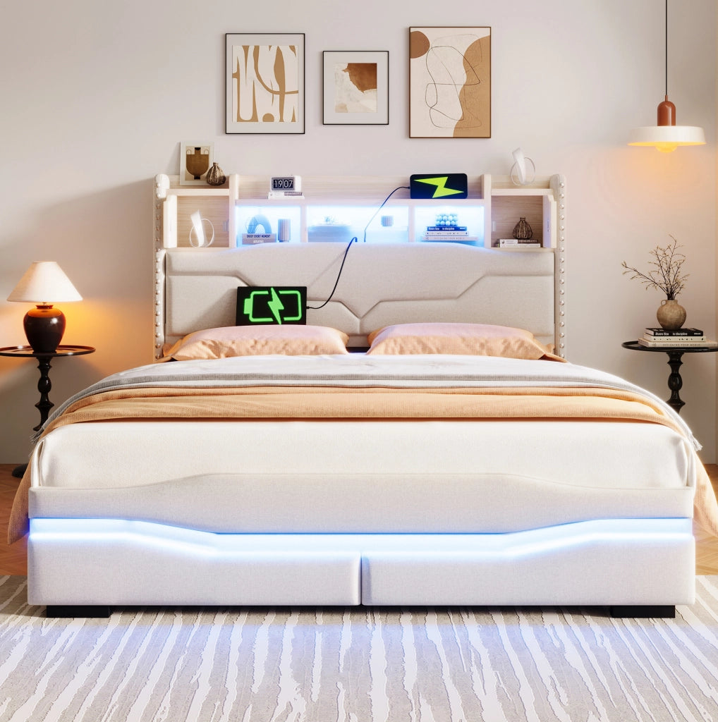 Letto imbottito 140x200 cm beige con contenitore idraulico, LED, USB e Type-C