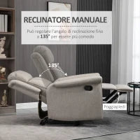 Poltrona Reclinabile Manualmente 135° con Poggiapiedi, Poggiatesta e Braccioli Imbottiti, 78x96x102 cm, Grigio