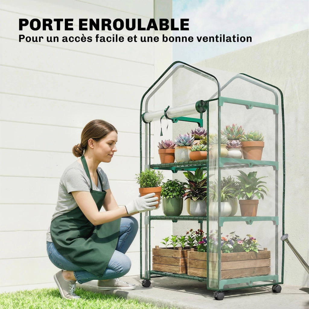 Serra da giardino con 3 ripiani, copertura in PVC, porta a rullo ¨C zephmum ¨C trasparente 69x49x130 cm