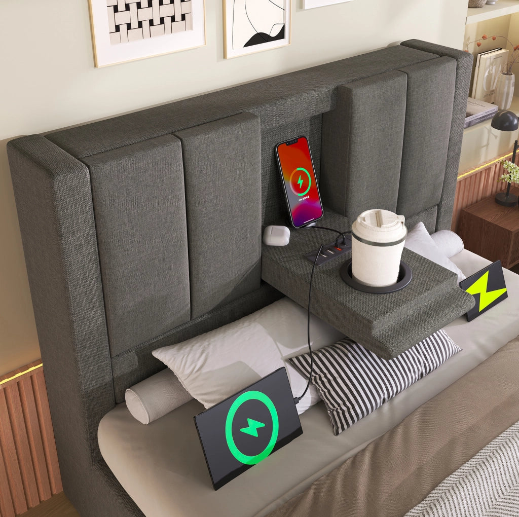 Letto imbottito grigio 90x200 cm con materasso, ricarica USB-C e vano contenitore
