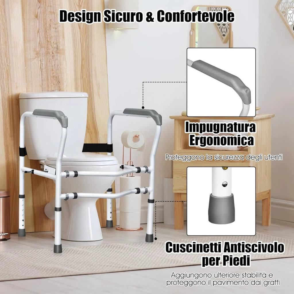 Supporto per WC, Supporto per WC con Altezza e Larghezza Regolabili e Dispositivi di Fissaggio Girevoli a 360°, Supporto per Bagno per Anziani Disabili