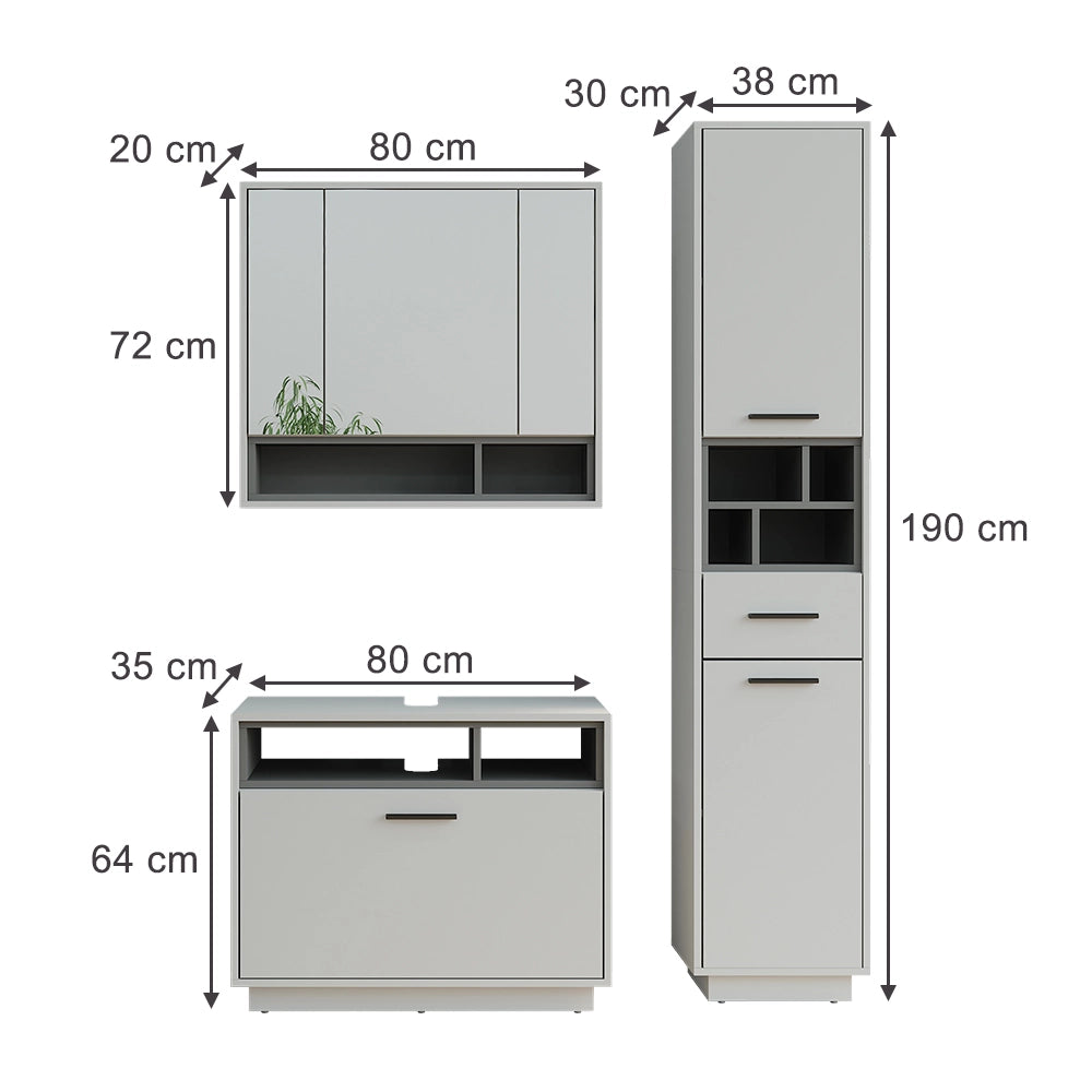 Vicco Set di mobili da bagno Grigio/antracite 3 parti con colonna