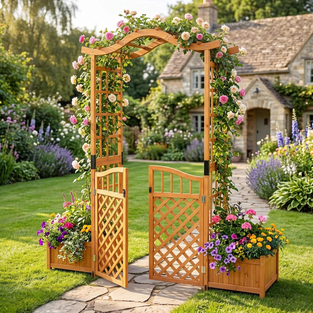 Arco da Giardino con Fioriere, Letto da Giardino Rialzato con Traliccio, Tetto, Fori di Drenaggio, Fondo Rimovibile e Cancelli Chiudibili, Pergolato da Esterno in Legno per Feste e Matrinomio