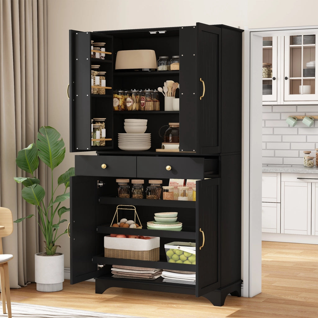 Mobile contenitore a doppia anta con ripiani regolabili 2 cassetti e ripiano estraibile in MDF nero 77 × 40 × 181 cm