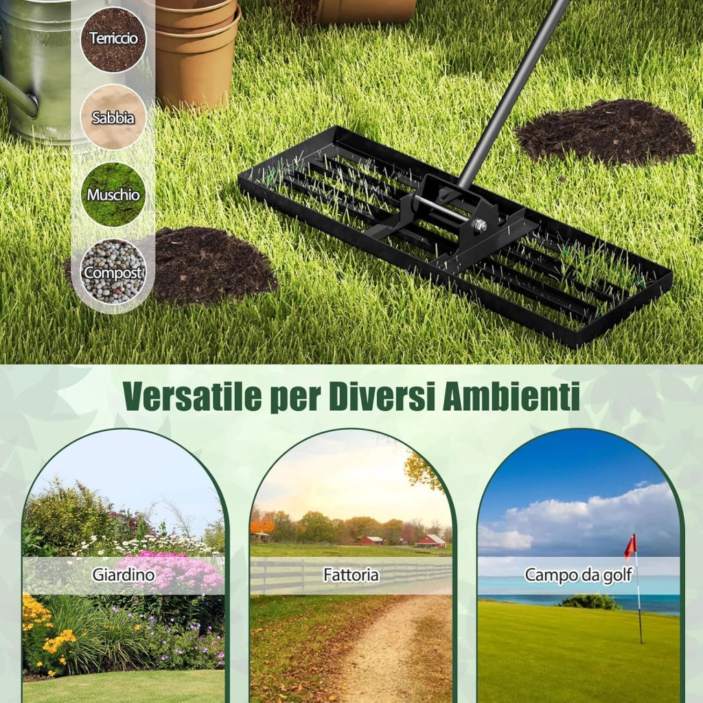 Rastrello Livellatore per Prato, Attrezzo per la Livellatura del Prato con Manico Ergonomico, Livellatrice per Giardino, Cortile, Campo da Golf, Fattoria e Pascolo (Nero 75 x 25 cm)